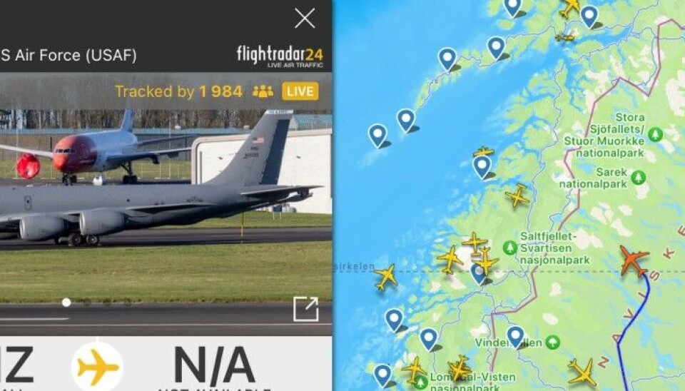 Two U.S. Air Force strategic bombers B-52 and B-1 flew above the Arctic Circle in northern Sweden on March 6. Screenshot from FlightRadar24.com