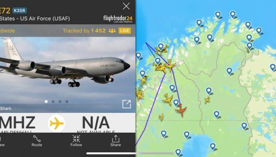 One of three KC-135 stratotankers that supported the US. mission flew back towards Luleå in northern Sweden after a flight out over the Norwegian Sea north of Tromsø. Screenshot from FlightRadar24.com