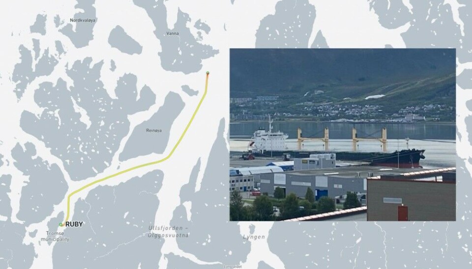 The 'Ruby' was escorted out of Tromsø on the night to Wednesday and is now at anchor near Vannøya. Map by MarineTraffic.com / Photo: Kari Aga Myklebost