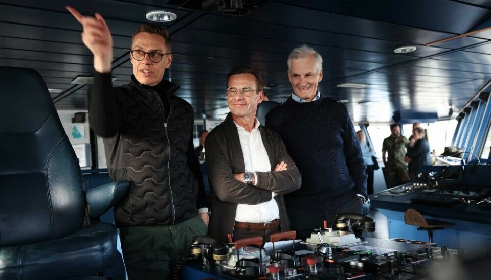 Finnish President Alexander Stubb, Swedish Prime Minister Ulf Kristersson and Norwegian PM Jonas Gahr Støre onboard a Norwegian naval vessel. Photo: Torbjørn Kjosvold / Norwegian Armed Forces