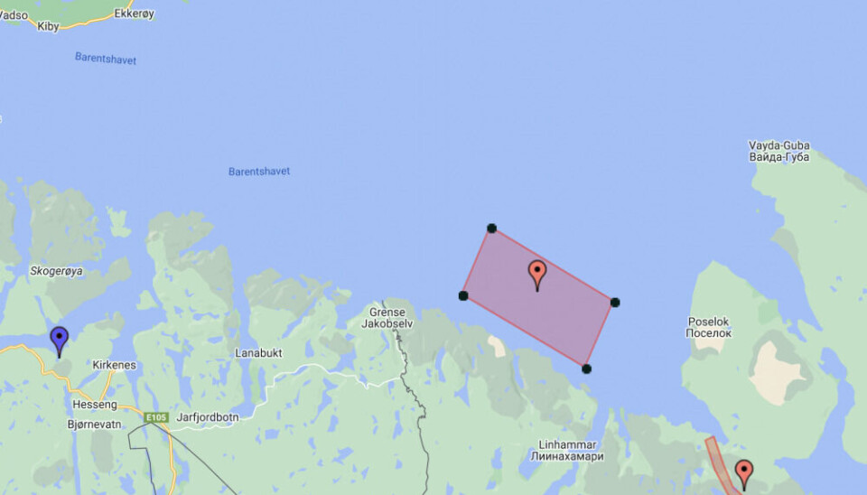 Close to the shore and at the nearest only 4 nautical miles (about 8 km) from Grense Jakobselv. Artillery firing starts on Tuesday, June 4. Screenshot from NotamMap.net