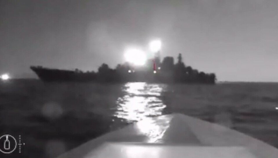 Unmanned motor boat loaded with explosives hits the Olenegorsky Gornyak. Screenshot of video