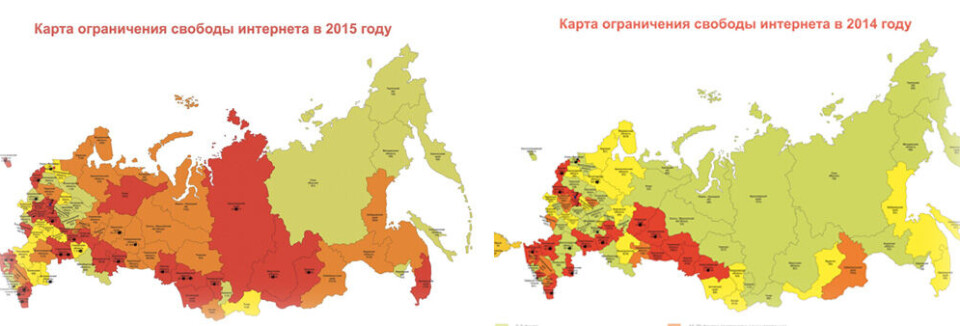 The more red, the less freedom. Russian internet in 2015 and 2014. Map illustrations by Agora