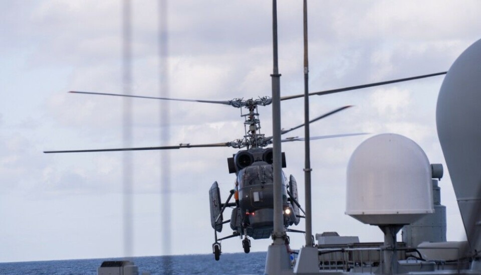 The Ka-27M helicopter operates out of the Admiral Gorshkov frigate. Here, somewhere in the North Atlantic this week. Photo: Information Service of the Northern Fleet