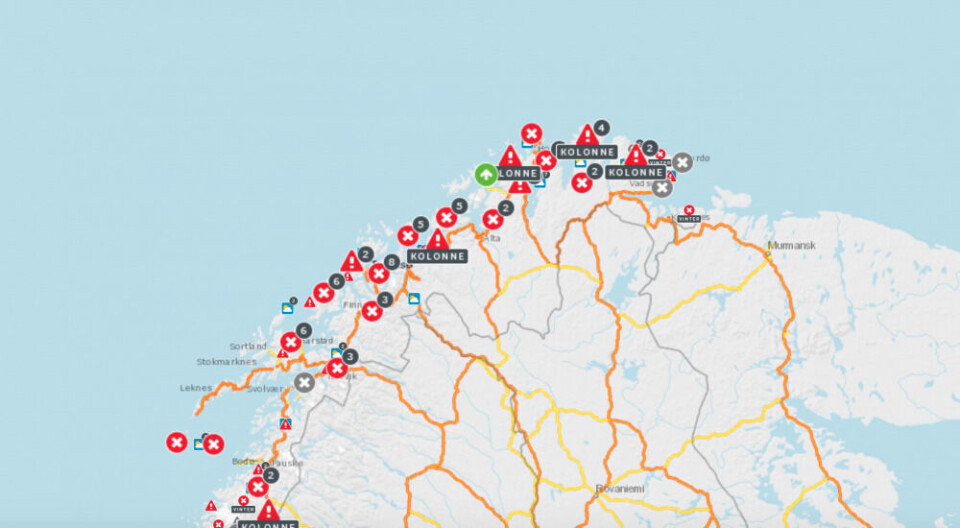 Many closed roads in northern Norway Tuesday evening. Screenshot from Public Road Administration