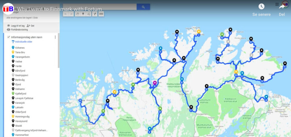 Possible locations for high-power and fast chargers in Finnmark.