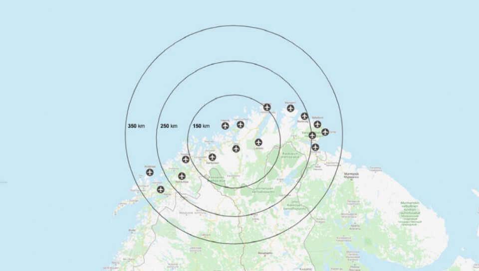 16 airports with daily commercial scheduled flights are within a range of 350 kilometers from Alta. Map from the report