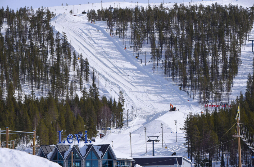 Two huge piles of snow are preserved in the steep black slope, one in the end and one on the top, as the ski resort already now makes ready for next season’s Alpine World Cup opening in November. Photo courtesy of Levi Ski Resort