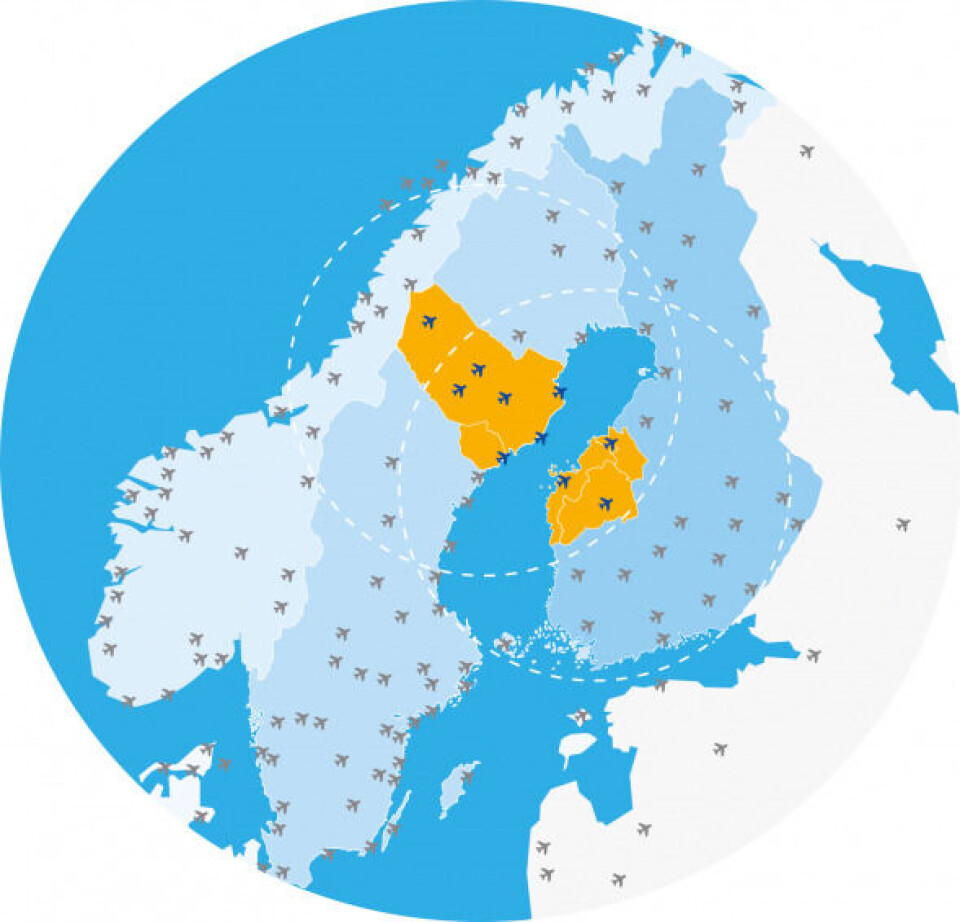 Airports in Scandinavia. Kvarken region in orange. Map courtesy of the FAIR project