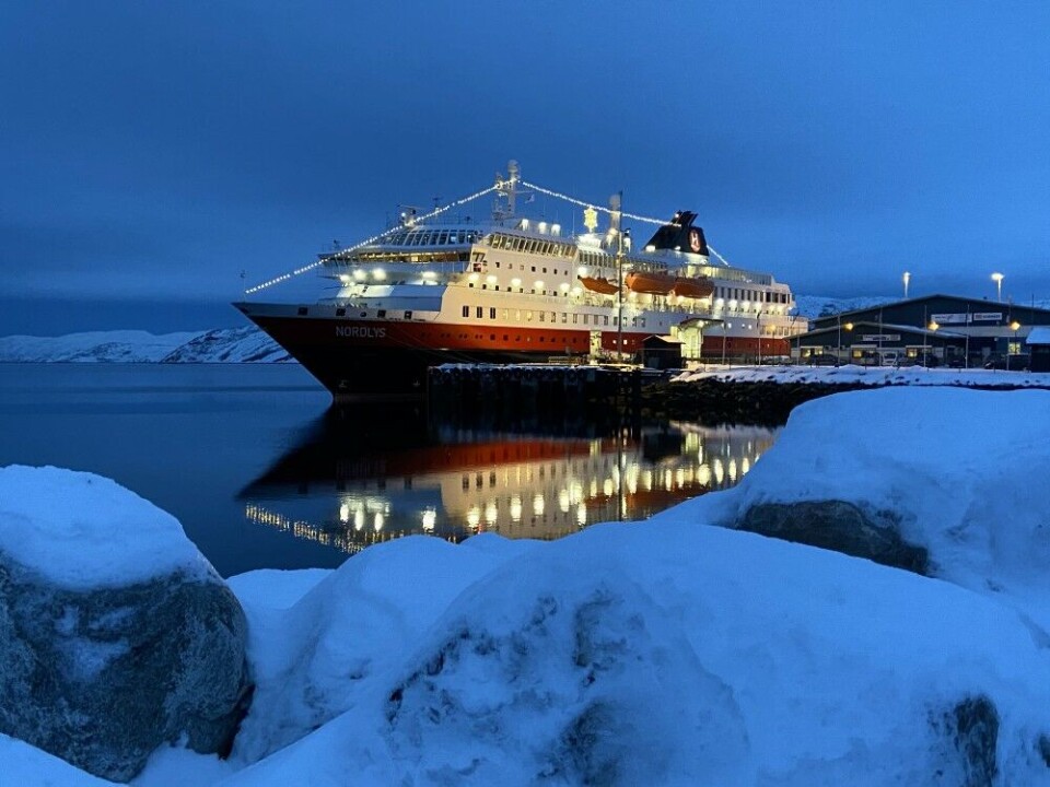 A Hurtigruten cruise ship in the port of Kirkenes on the coast to the Barents Sea. Photo: Thomas Nilsen