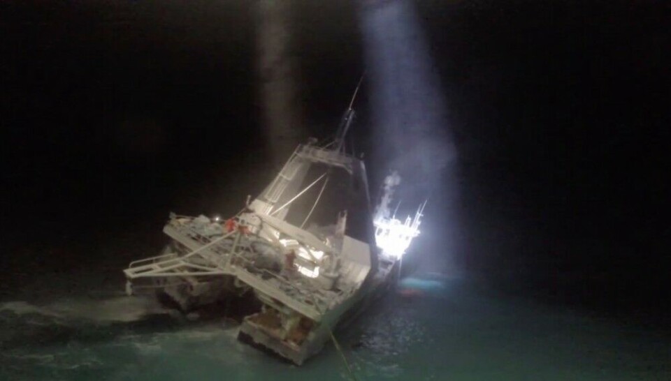 The “Northguider” is located in the remote Hinlopen Strait and is taking in water. Screenshot from video by JRCC/NRK)