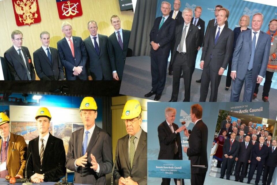 Photo collage of earlier Barents Council meetings. From Umeå (2003), Murmansk (2009), Kiruna (2011) and Tromsø (2013). All photos: Thomas Nilsen