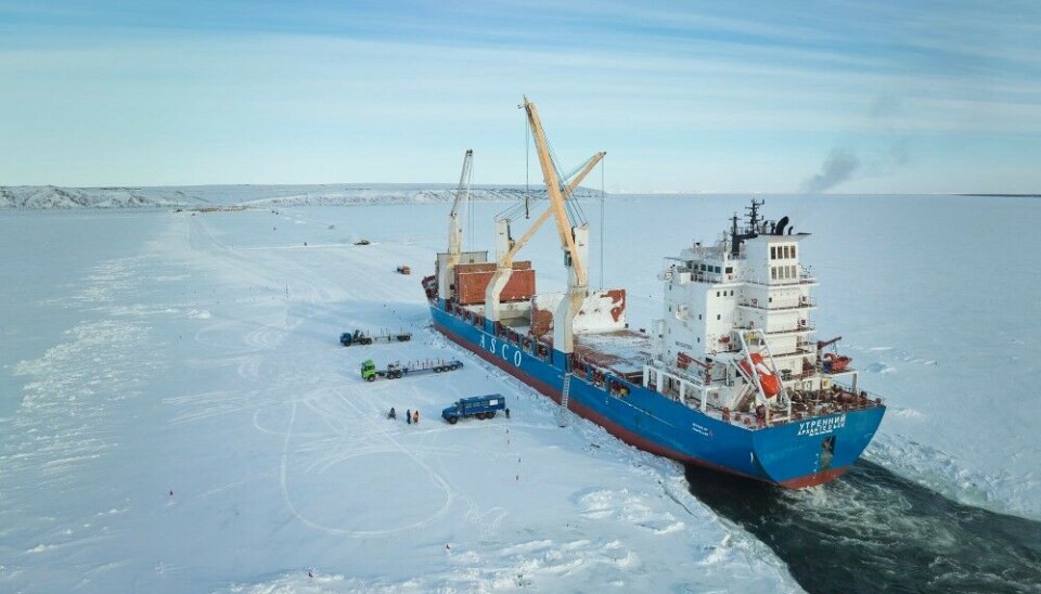 Ship delivers Vostok Oil construction goods to a terminal facility in the sea-ice of the Yenisey River. Photo: Vankorneft on VK