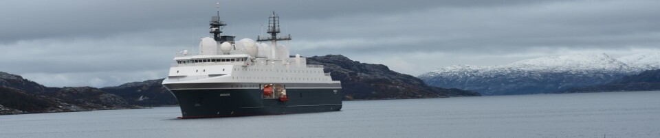 Intelligence gathering vessel «Marjata» is equipped with unknown resources to track Russian electronic warfare sources. Here in the fjord outside Kirkenes. Photo: Thomas Nilsen
