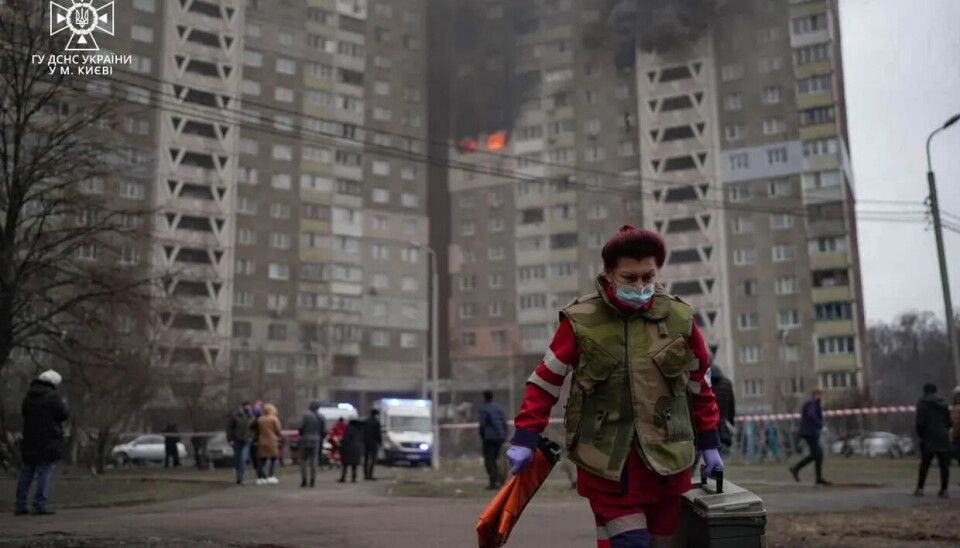 A fire broke out in an 18-story residential building in Kyiv after being hit by Russian warheads. Dozens were injured, and others were evacuated. Photo: Ukraine State Emergency Service via Telegram