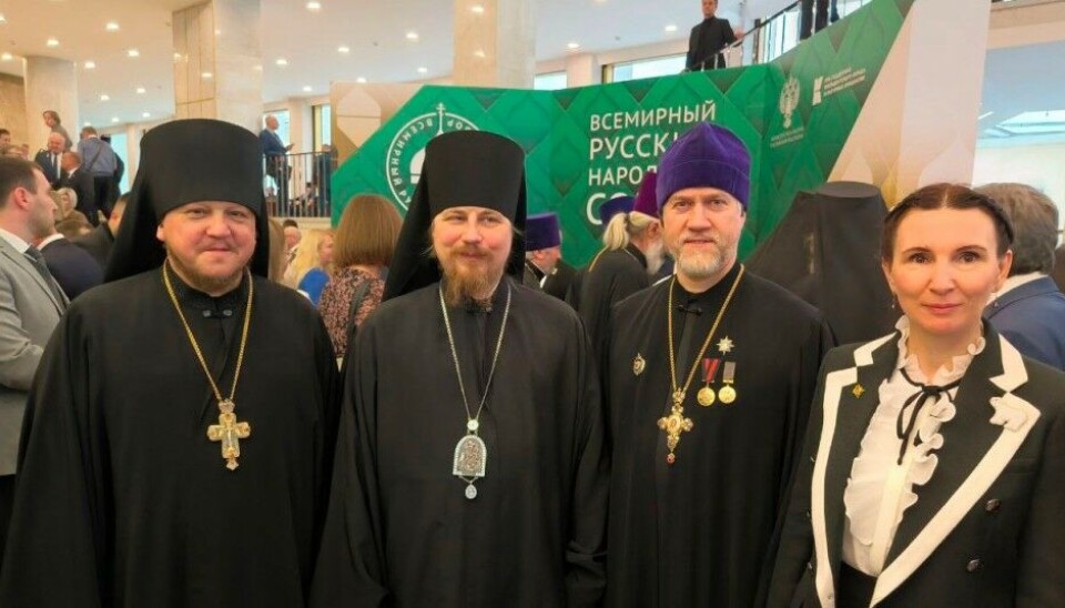 Leading clergymen from the Kola Peninsula at the congress of the World Russian National Council. Among them Bishop Tarasii (second from left) from Northern Fleet headquarters city of Severomorsk. Photo: social media page of Svetlana Yefremova (right)