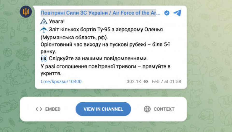 “WARNING: Take-off of several Tu-95 planes from Olenya airfield (Murmansk region, Russia). Estimated time until launching zones 5 am. Follow our messages. In case of air alerts, take shelter.”Screenshot from Ukrainian Air Force Telegram channel