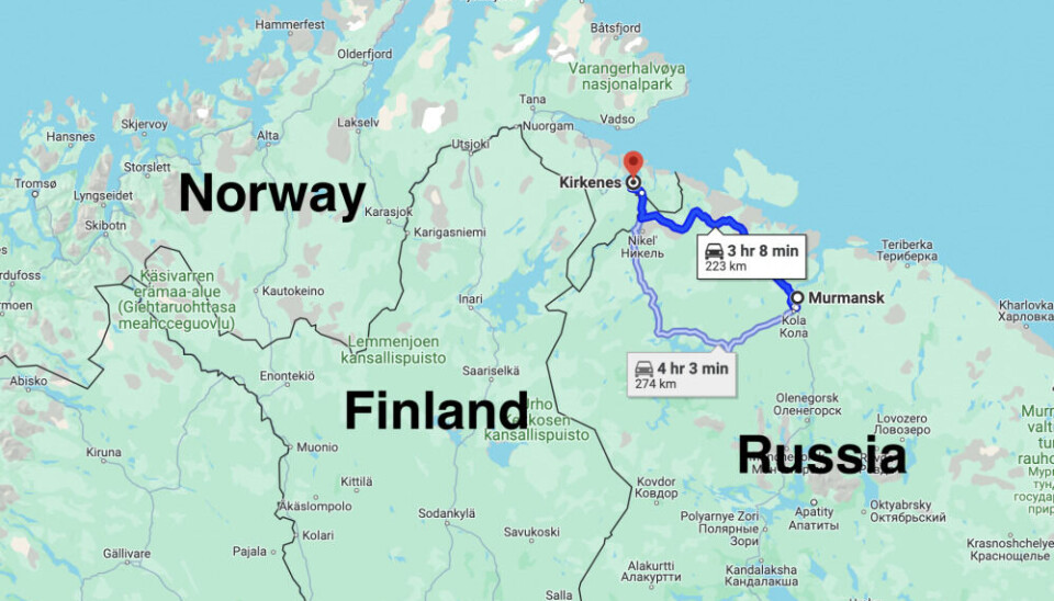 The Russian Arctic town of Murmansk is located just around a 3-hour drive from the Norwegian Kirkenes. Google maps.