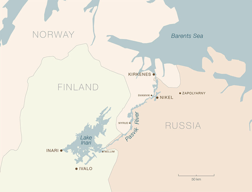 The Pasvik River, a far north borderland of Finland, Norway and Russia. Map: The Barents Observer