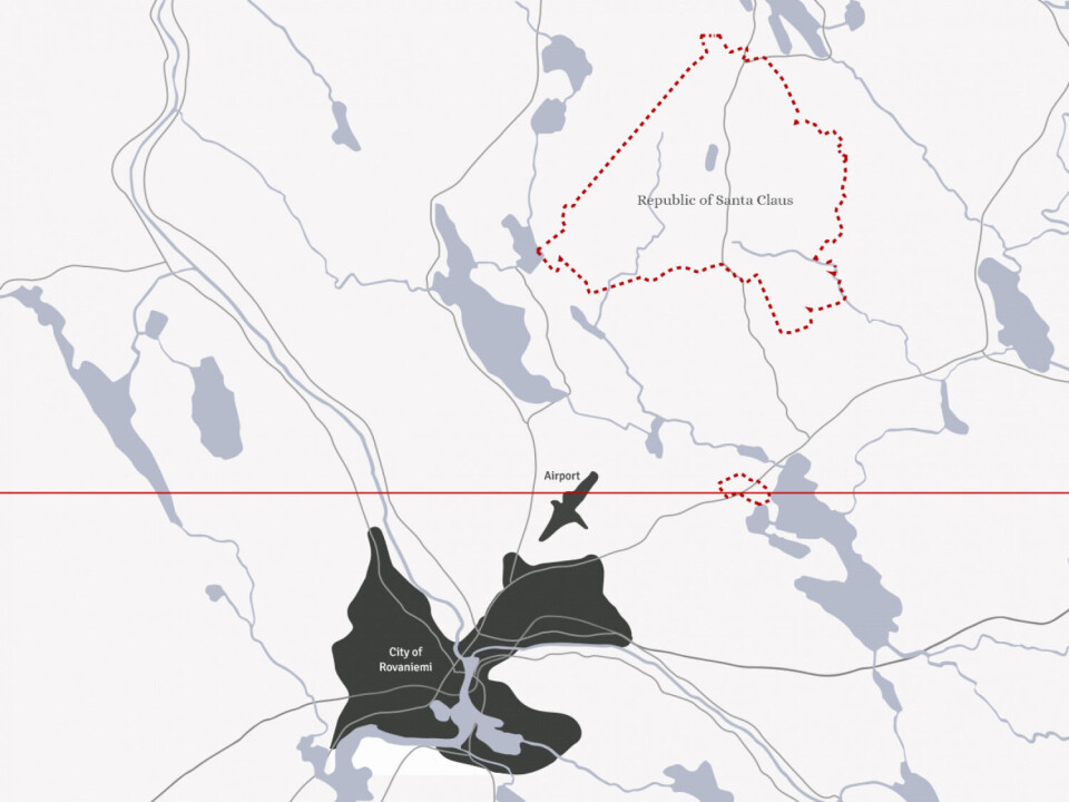 The 80 km2 area is located north of Rovaniemi and the Arctic Circle (red line) in Finnish Lapland. Map by Republic of Santa Claus