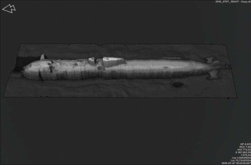High-resolution multibeam sonar image of the sunken nuclear submarine Komsomolets on the seafloor. Photo: Institute of Marine Research/G.O. Sars and University of Bergen/Ægir 6000