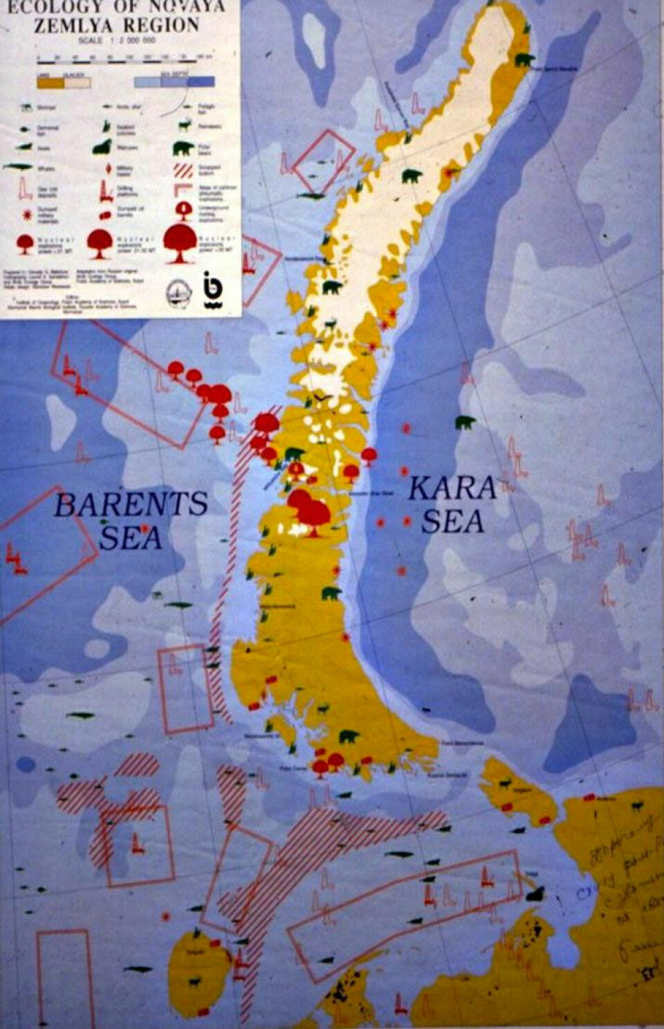 Original map from 1992 showing Novaya Zemlya nuclear testing sites and dumping sites. Map: Polish Academy of Sciences, Sopot, and Murmansk Marine Biological Institute, Russian Academy of Sciences, Murmansk