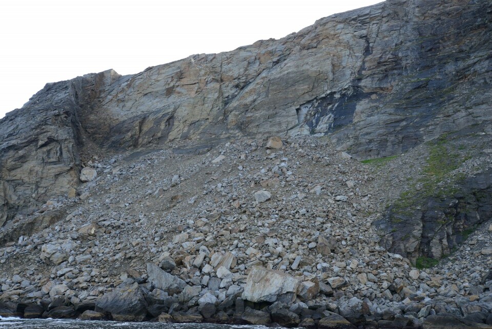 Rock avalanche deposit with a volume of about 1 000 000 cubic metres from a sudden failure in autumn 1986/ or 1987 on the east side of Porsangerfjorden. This is the slide that rocked Alfred Karlsen’s fishing boat. Photo: François Noël