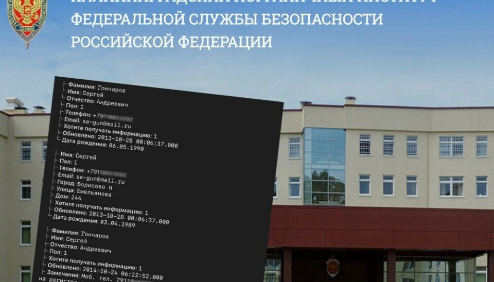 This shows Goncharov’s personal data; mobile, email and registered address: The FSB Border Institute. Screenshot from FSB and the leaked database.