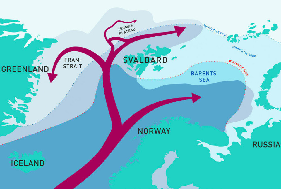 Atlantic Water flows into the Arctic with the continuation of the Gulf Stream and splits into several smaller currents. The star indicates where the A-TWAIN array is moored north of Kvitøya.
