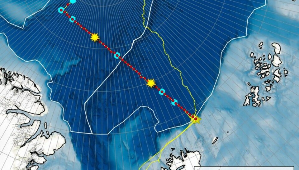 Map showing the location of the Nansen and Amundsen Basins (outlined in white), the track of the Kronprins Haakon (yellow line), two new moored observatories (bright yellow stars), the section of hydrographic, current, turbulence, and biogeochemical observations made from the vessel (red dots) and in-situ sea ice measurements (blue hexagons) collected during the 2022 cruise. The Norwegian Polar Institute’s sustained observatories in Fram Strait (1990-present) and northeast of Svalbard (A-TWAIN, 2010-present) are also shown.