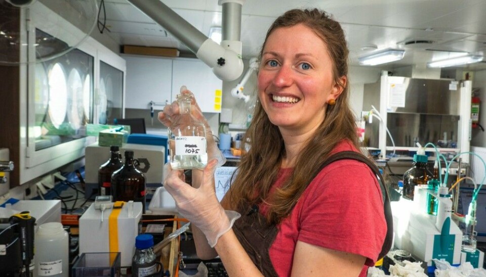 Research engineer Bonnie Raffel (Norwegian Polar Institute) measures pH in sea ice on board the Kronprins Haakon and prepares samples for chemical analyses. SUDARCO participants at IMR and NPI will analyse several hundred samples from the central Arctic Ocean to study ocean acidification and the carbon cycle in the Nansen and Amundsen Basins. Photo: Trine Lise Sviggum Helgerud / Norwegian Polar Institute