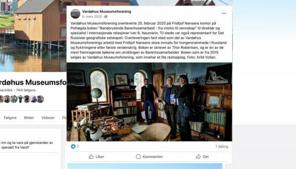 Goncharov and Strand pays visit to Polhøgda, the residency of Fridtjof Nansen and part of the FNI research center. Photo: Vardøhus Museumforening on Facebook