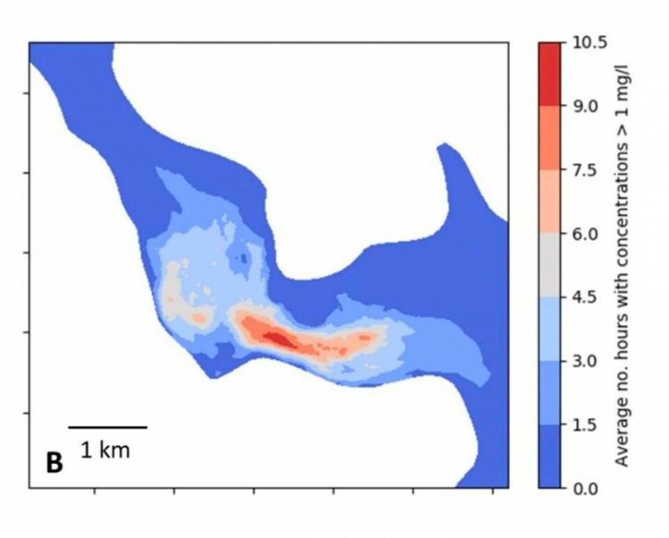Modelled distribution of hydrogen peroxide showing how toxic concentrations may spread in the environment after a delousing event. Modelling with FVCOM by Ole Anders Nøst, Akvaplan-niva