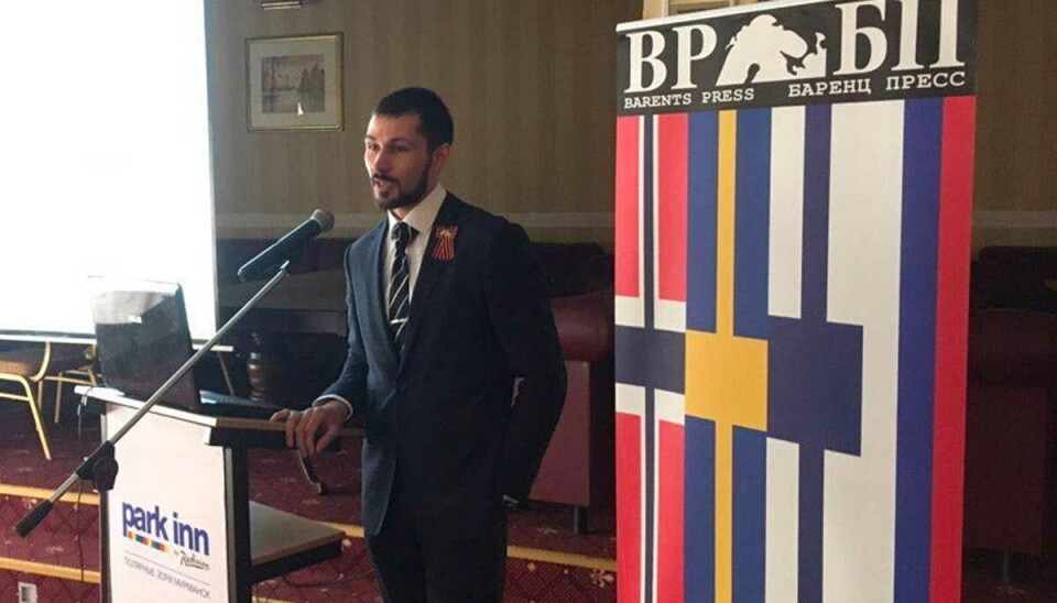 Goncharov speaking at the Barents Press annual assembly in Murmansk in 2018. Photo: RGO on VK