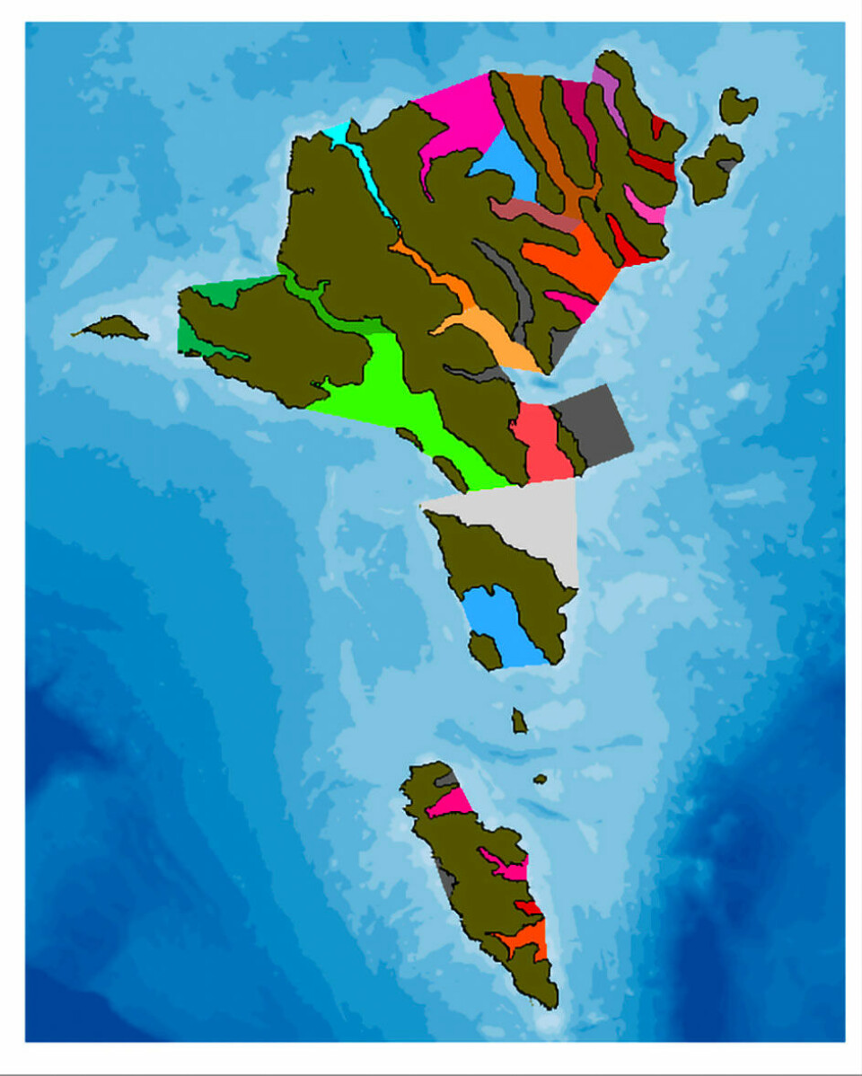 Faroe IslandsManagement zones in the Faroe Islands. Zones for salmon farming: the blue zones are operated by MOWI Faroes, the green zones by Luna (Hiddenfjord) and the red/orange/pink zones are all operated by Bakkafrost. The dark grey zones are development areas or areas set aside for farming of other products, for example seaweed. Light grey marks a salmonid brood stock area. Map: University of the Faroe Islands, based on kortal.fo and Parliament Order no 89 from 2019