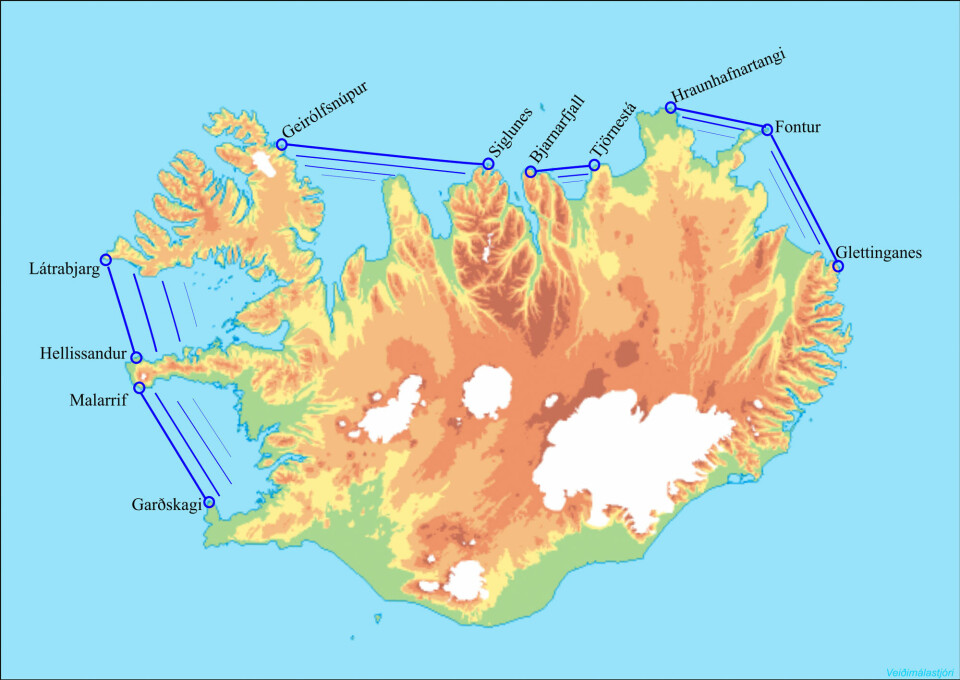 IcelandThe Icelandic wild salmon protection areas, where salmon farming in the sea is not allowed (blue areas). As the South coast not suitable for sea cage farming, the only areas available for salmon farming are the fjords of the northwest and east coasts, and Eyafjordur in the north. Source: Auglýsing nr 460/2004