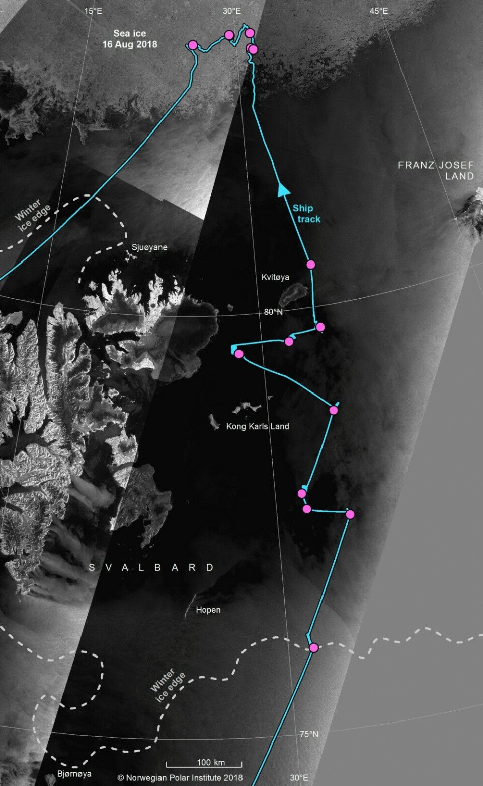 Joint cruise. The first Nansen Legacy joint cruise with RV Kronprins Haakon took place in the northern Barents Sea in August 2018, a summer when the sea ice edge and marginal ice zone were located relatively far north. The cruise track is in light blue; stations are marked in pink. The background image consists of a mosaic of SAR satellite images from Sentinel-1 (source: ESA) for 15 and 16 August 2018, and the winter sea ice edge for the same year (16 April 2018) from passive microwave satellite data (source: NSIDC, Boulder, USA). Figure credits: Anders Skoglund and Mikhail Itkin / Norwegian Polar Institute