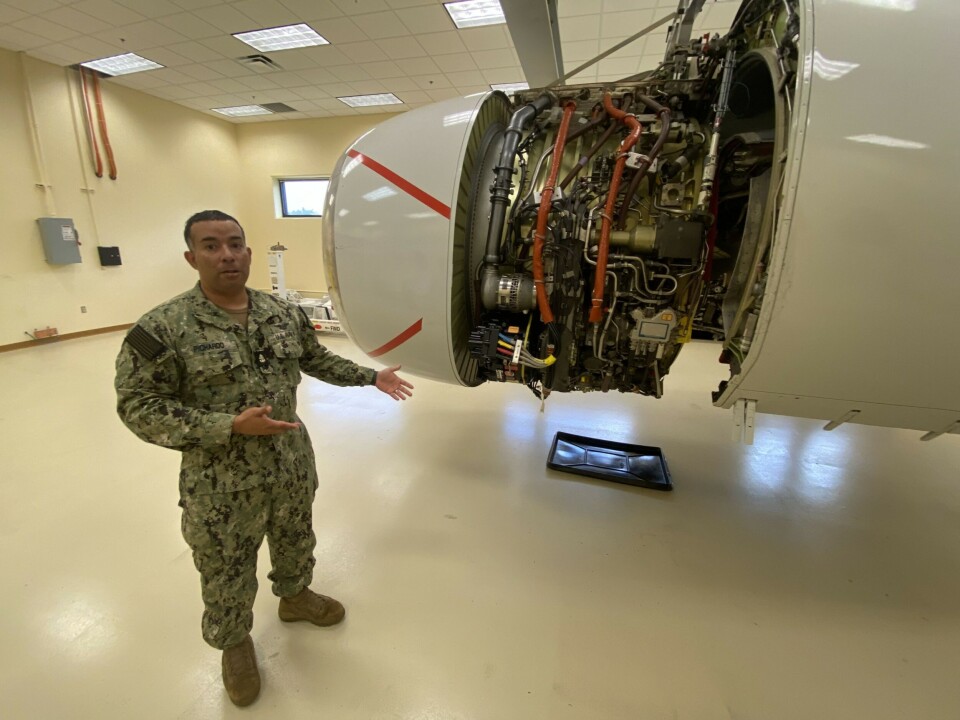 Chief Aviation Machinist Carlos Picardo said the engines on a P-8 boosts stronger power than those on a normal Boeing 737-800. Photo: Thomas Nilsen