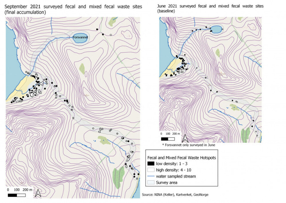 Map showing the sites of human waste found at Kvalvika Beach and along the trail from the parking area (bottom right in the larger map) during the summer of 2021. Note the accumulation from June (right) to September (left). Source: Norwegian Institute for Nature Research