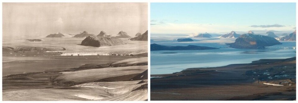 Inner Kongsfjorden in 1922 and 2002. The glacier cover has reduced dramatically with implications to the marine ecosystem in the fjord. Photos: Anders Orvin and Christian Åslund