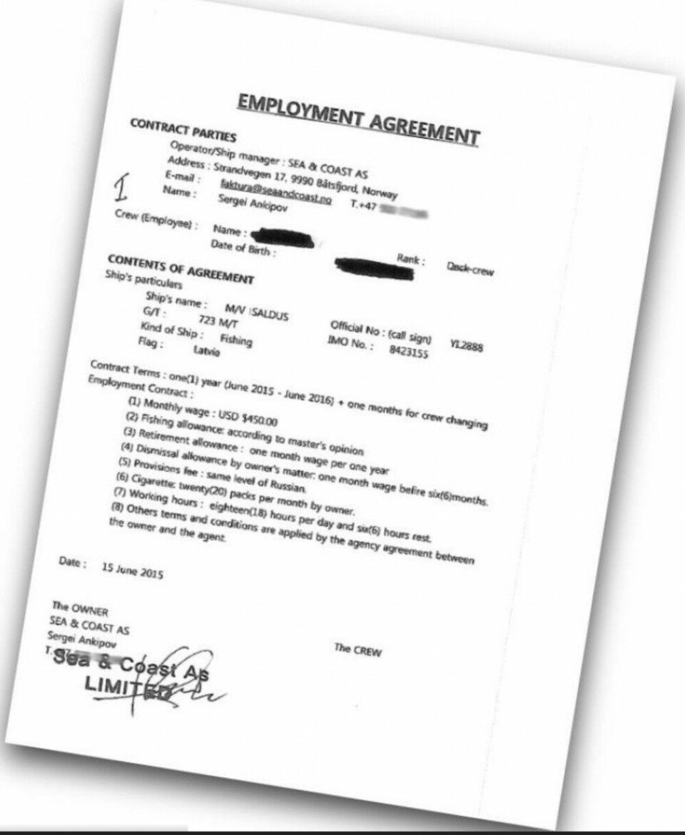 SLAVE CONTRACT: 18-hour workday and 4000 kroner month, on board an EU vessel. The union calls this a «slave contract».