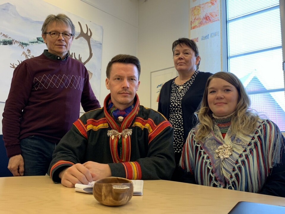 Team members in Kiruna, Sweden working on SaMOS, an education project that seeks to rethink Indigenous education in the Sami homeland. From left to right: Ol-Johan Sikku, SaMOS, project leader at the Sami Parliament in Norway; Lars Miguel Utsi, chair of the language board and vice-president of the Sami Parliament in Sweden, Ulla Aikio-Puoskari, secretary of education policy at the Sami Parliament in Finland, and Johanna Njaita, chair of the Sami school board in Sweden. Photo: Eilís Quinn/Eye on the Arctic