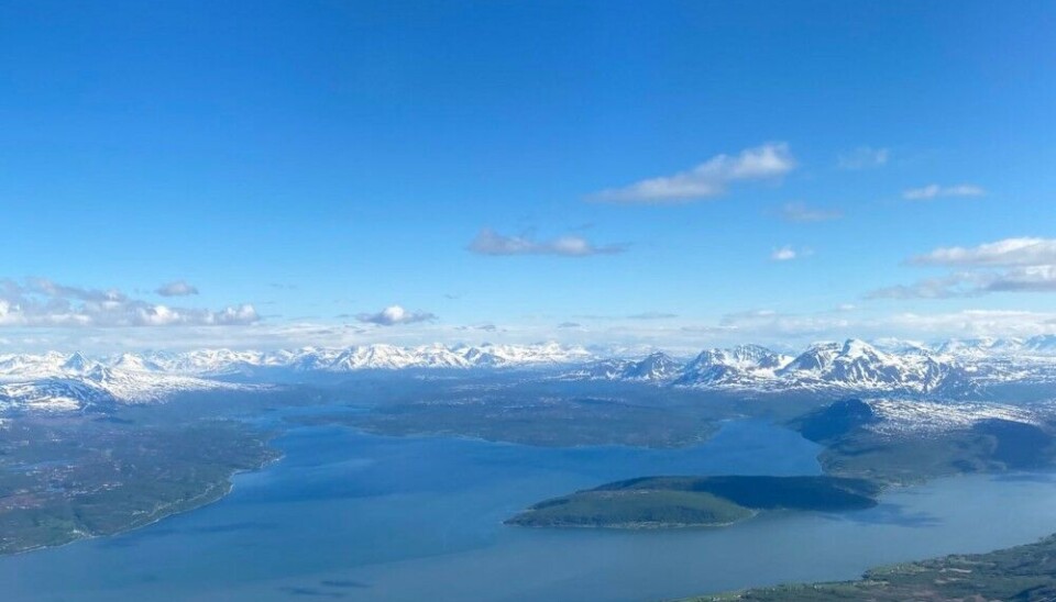 The plume of Målselva flowing towards the sea is clearly visible as lighter water. Photo: Amanda Poste / Norwegian Institute for Nature Research