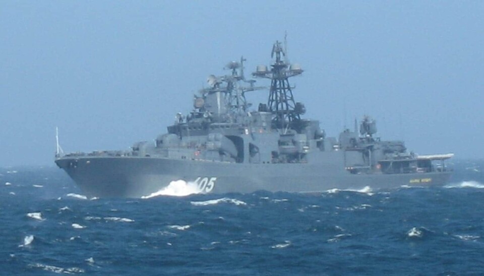 The Russian navy destroyer Admiral Levchenko sailing the Barents Sea.