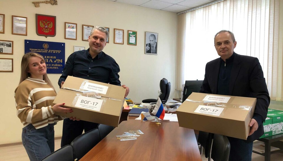 Another school delivery of grenade components ready to be sent to the war zone by Denis Koposev (right) and Arkhangelsk high school director Ivan Belov.