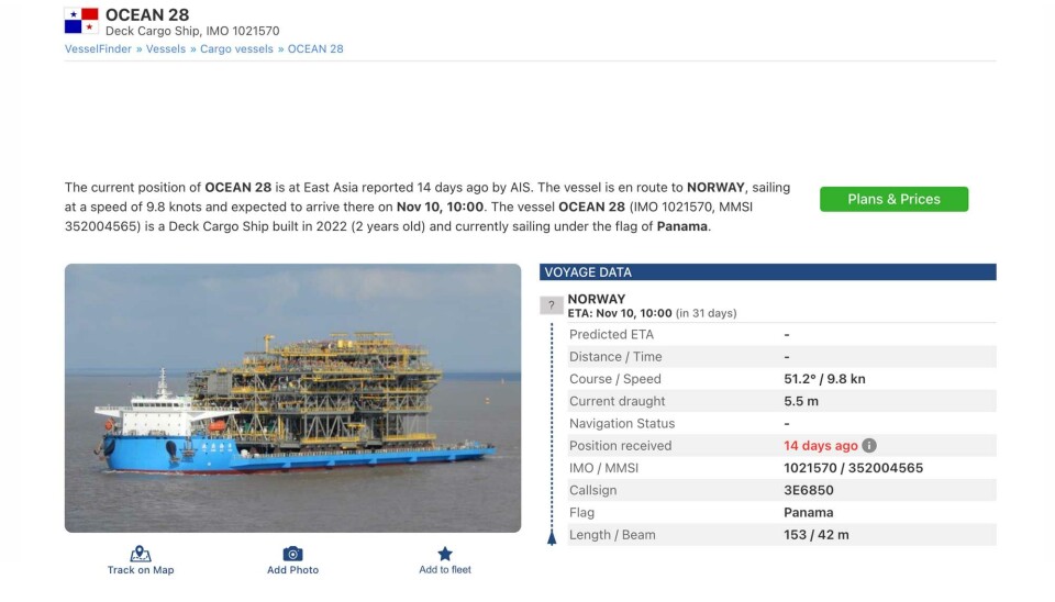 Тяжеловесный перевозчик Ocean 28 в начале октября направлялся через Северный морской путь в норвежский порт. Судно не имеет ледового класса.
