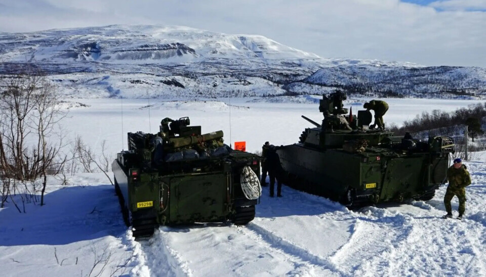Two Combat Vehicle (CV) 90 at Finnmark Land Command's shooting range at Porsangermoen.