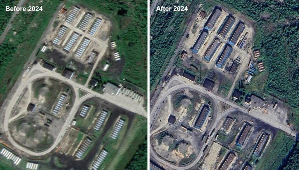 Jet fuel deposit at Olenya air base before and after August 2024. The image to the right shows protective nets over and support structures on the sides of the tanks.