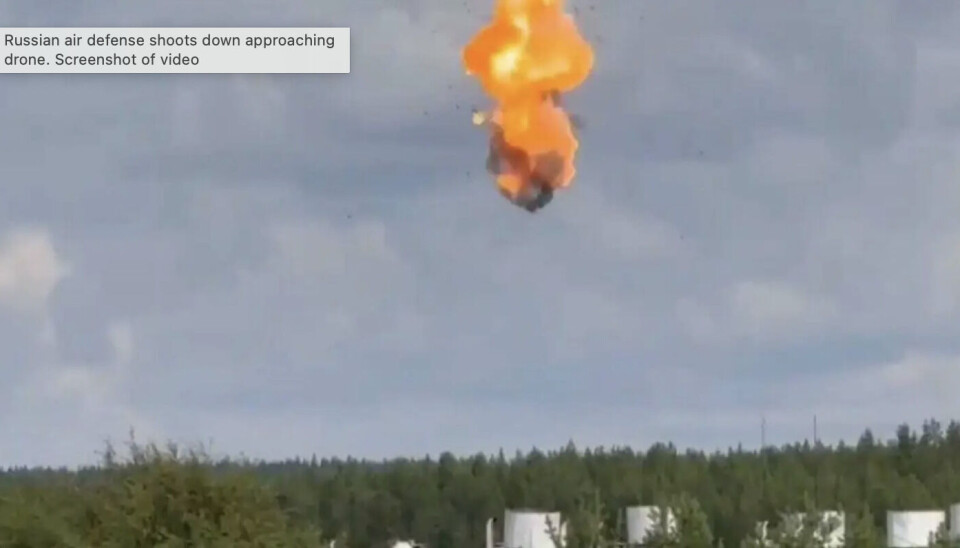 A Ukrainian drone was hit by artillery and exploded mid-air a few hundred meters in front of Olenya airbase.