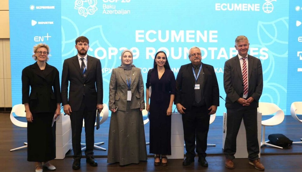 Former Norwegian minister of environment and head of the UN Environment Programme Erik Solheim together with Putin's climate envoy Ruslan Edelgeriev, Khadizhat Kadyrova, Leyla Alieva and others at a Russian side event during the COP29.